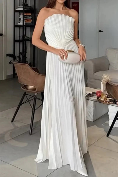 Omuz Açık Kabuklu Pileli Uzun Elbise