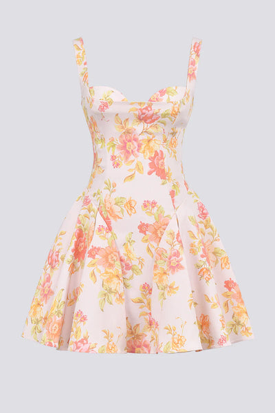 Cynthia Şeftali Gelincik Desenli Mini Elbise