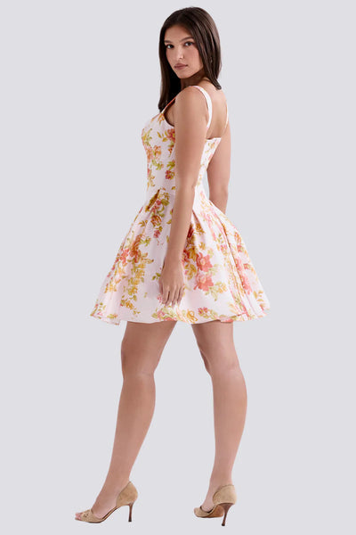 Cynthia Şeftali Gelincik Desenli Mini Elbise