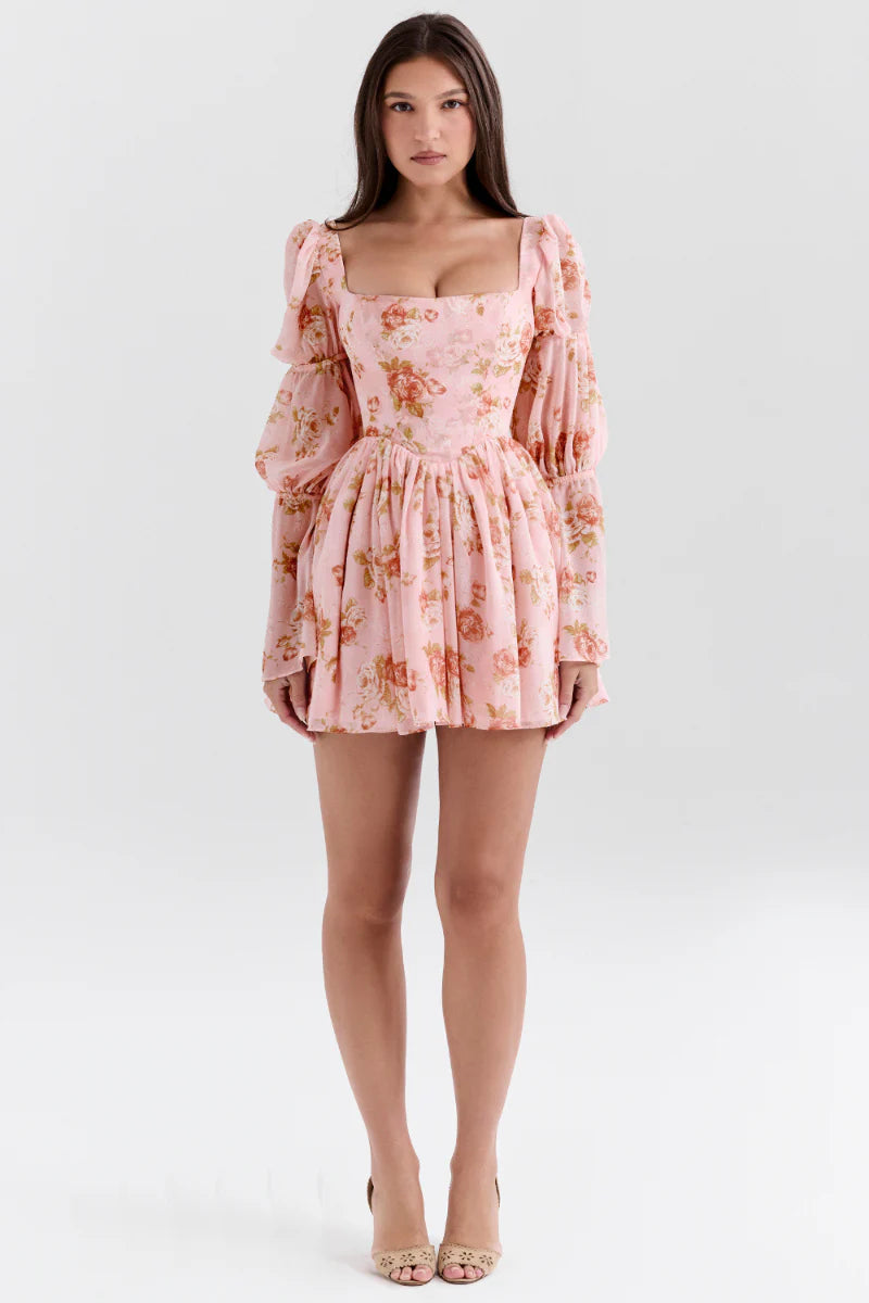 Divine Floral Kare Yaka Mini Elbise