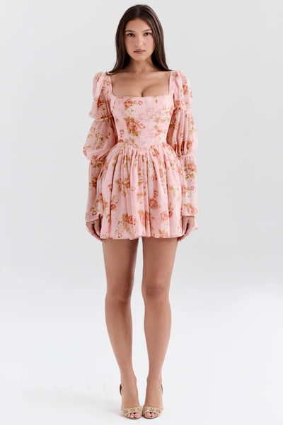 Divine Floral Kare Yaka Mini Elbise