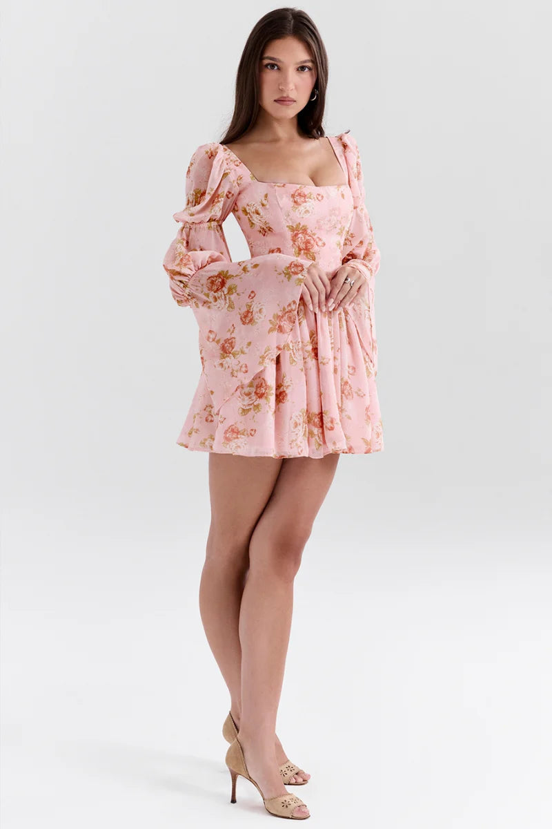 Divine Floral Kare Yaka Mini Elbise