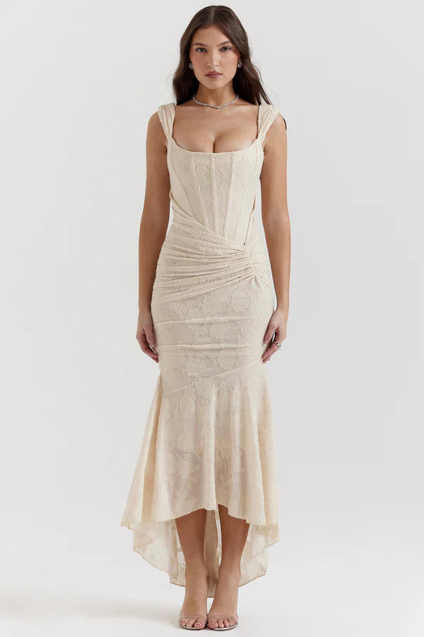 Bej Renkli Octavie Büzgülü Korseli Maxi Elbise