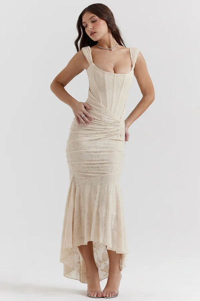 Bej Renkli Octavie Büzgülü Korseli Maxi Elbise