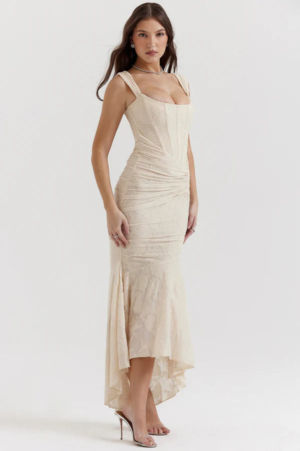 Bej Renkli Octavie Büzgülü Korseli Maxi Elbise