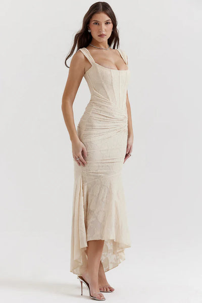 Bej Renkli Octavie Büzgülü Korseli Maxi Elbise