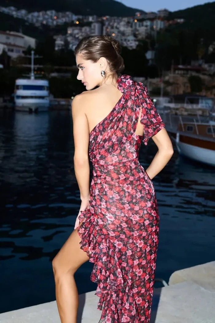 Çiçek Desenli Elbise-Koyu Kırmızı