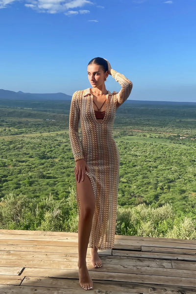 Şafak V yakalı tığ işi uzun elbise