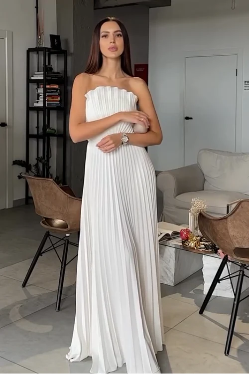 Omuz Açık Kabuklu Pileli Uzun Elbise