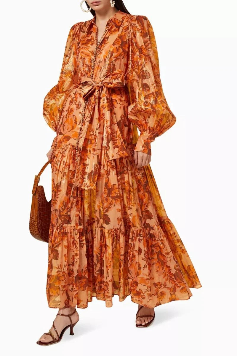 Balon kollu ve desenli Queena Maxi elbise