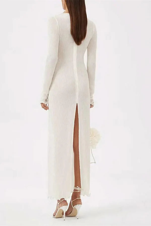 Trista Çiçekli V Yaka Polyester Uzun Yırtmaçlı Elbise