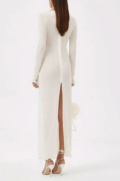 Trista Çiçekli V Yaka Polyester Uzun Yırtmaçlı Elbise