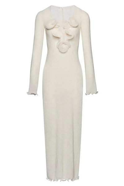 Trista Çiçekli V Yaka Polyester Uzun Yırtmaçlı Elbise